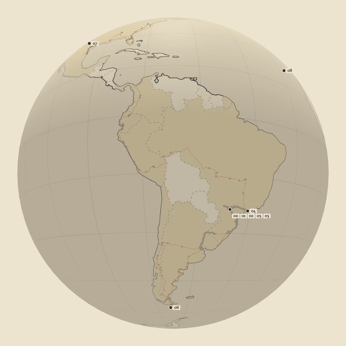 Globe with the van route in red, from South America to the United States, and the story chapters marked.